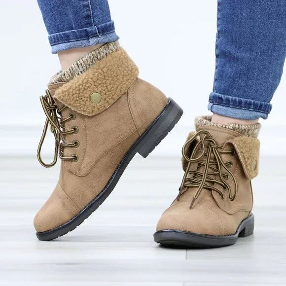 Sherpa Ankle Lined Combat Flat Heel Ankles Boots Tan Faux Leather - Picture 11 of 12